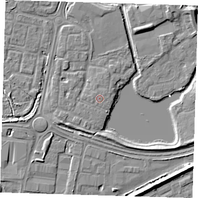Shaded relief map of the ground around SE288RT, computed from Environment Agency LiDAR. The ground here sits at about 3 m above sea level and falls 7 m across the surrounding 800 m. Surface water reaching this point runs off ground lying to the west, 0.5 m higher.