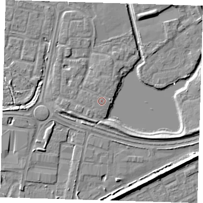 Shaded relief map of the ground around SE288RU, computed from Environment Agency LiDAR. The ground here sits at about 2 m above sea level and falls 7 m across the surrounding 800 m. Surface water reaching this point runs off ground lying to the north-north-west, 0.7 m higher.