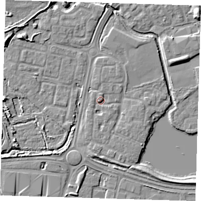 Shaded relief map of the ground around SE288RW, computed from Environment Agency LiDAR. The ground here sits at about 3 m above sea level and falls 8 m across the surrounding 800 m. Surface water reaching this point runs off ground lying to the south, 2.0 m higher.
