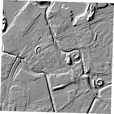 Shaded relief map of the ground around SE288SE, computed from Environment Agency LiDAR. The ground here sits at about 2 m above sea level and falls 9 m across the surrounding 800 m. Surface water reaching this point runs off ground lying to the east-north-east, 0.8 m higher.