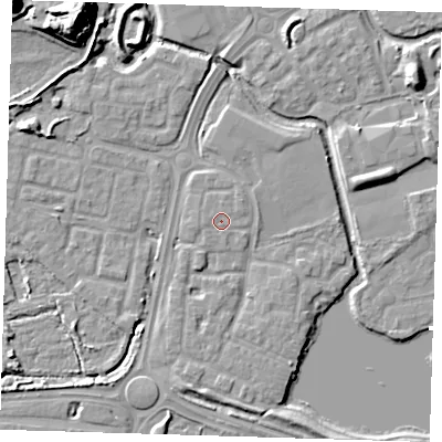 Shaded relief map of the ground around SE288SN, computed from Environment Agency LiDAR. The ground here sits at about 2 m above sea level and falls 17 m across the surrounding 800 m. Surface water reaching this point runs off ground lying to the west, 0.5 m higher.