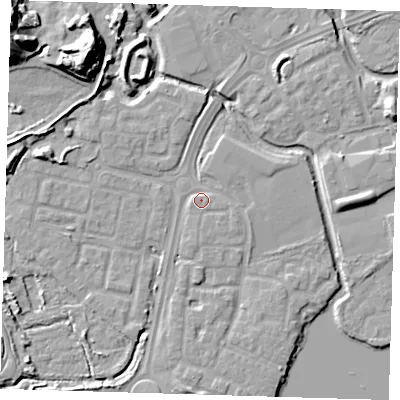 Shaded relief map of the ground around SE288SP, computed from Environment Agency LiDAR. The ground here sits at about 2 m above sea level and falls 21 m across the surrounding 800 m. Surface water reaching this point runs off ground lying to the east-south-east, 1.6 m higher.