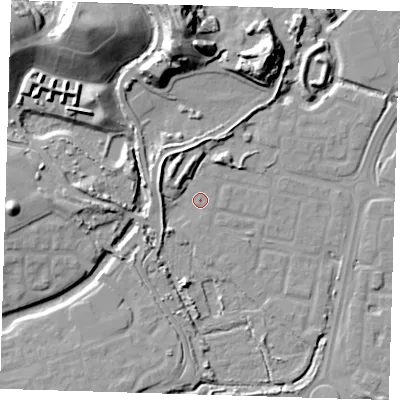 Shaded relief map of the ground around SE288TD, computed from Environment Agency LiDAR. The ground here sits at about 2 m above sea level and falls 25 m across the surrounding 800 m. Surface water reaching this point runs off ground lying to the west-north-west, 6.6 m higher.