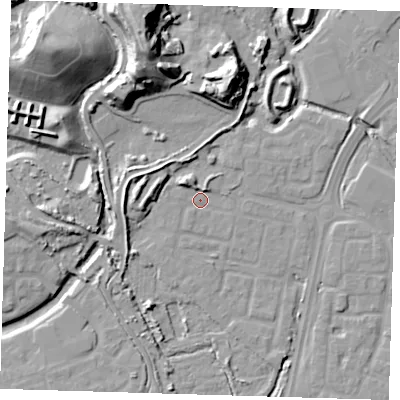 Shaded relief map of the ground around SE288TE, computed from Environment Agency LiDAR. The ground here sits at about 2 m above sea level and falls 26 m across the surrounding 800 m. Surface water reaching this point runs off ground lying to the north-west, 4.3 m higher.