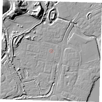 Shaded relief map of the ground around SE288TF, computed from Environment Agency LiDAR. The ground here sits at about 2 m above sea level and falls 24 m across the surrounding 800 m. Surface water reaching this point runs off ground lying to the west, 0.7 m higher.