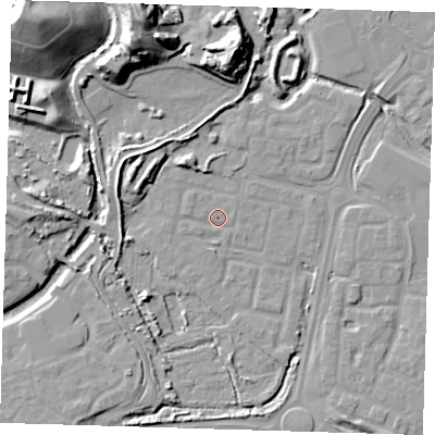 Shaded relief map of the ground around SE288TH, computed from Environment Agency LiDAR. The ground here sits at about 2 m above sea level and falls 26 m across the surrounding 800 m. Surface water reaching this point runs off ground lying to the north-north-west, 4.4 m higher.
