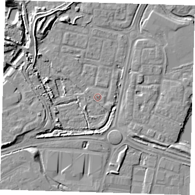Shaded relief map of the ground around SE288TP, computed from Environment Agency LiDAR. The ground here sits at about 2 m above sea level and falls 9 m across the surrounding 800 m. Surface water reaching this point runs off ground lying to the north-west, 7.8 m higher.