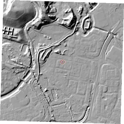 Shaded relief map of the ground around SE288TQ, computed from Environment Agency LiDAR. The ground here sits at about 2 m above sea level and falls 26 m across the surrounding 800 m. Surface water reaching this point runs off ground lying to the north-north-west, 4.3 m higher.