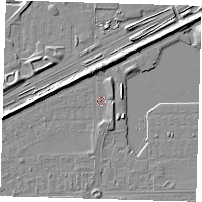 Shaded relief map of the ground around SE29AB, computed from Environment Agency LiDAR. The ground here sits at about 1 m above sea level and falls 8 m across the surrounding 800 m. The ground contributing surface water to this point lies to the south-south-east.