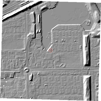 Shaded relief map of the ground around SE29AD, computed from Environment Agency LiDAR. The ground here sits at about 1 m above sea level and falls 8 m across the surrounding 800 m. Surface water reaching this point runs off ground lying to the south, 1.6 m higher.