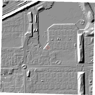 Shaded relief map of the ground around SE29AE, computed from Environment Agency LiDAR. The ground here sits at about 1 m above sea level and falls 8 m across the surrounding 800 m. Surface water reaching this point runs off ground lying to the south-east, 0.5 m higher.