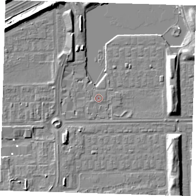 Shaded relief map of the ground around SE29AF, computed from Environment Agency LiDAR. The ground here sits at about 1 m above sea level and falls 7 m across the surrounding 800 m. Surface water reaching this point runs off ground lying to the south-west, 0.6 m higher.