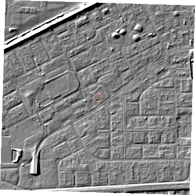 Shaded relief map of the ground around SE29AH, computed from Environment Agency LiDAR. The ground here sits at about 1 m above sea level and falls 8 m across the surrounding 800 m. Surface water reaching this point runs off ground lying to the south-west, 6.4 m higher.