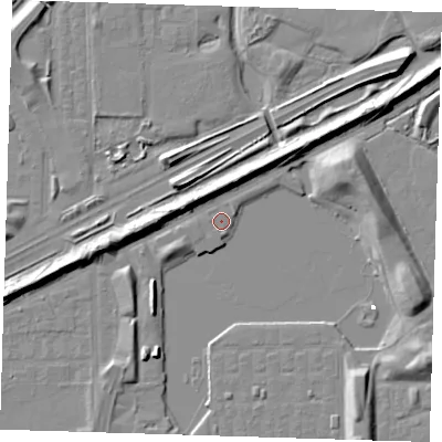 Shaded relief map of the ground around SE29AN, computed from Environment Agency LiDAR. The ground here sits at about 1 m above sea level and falls 8 m across the surrounding 800 m. Surface water reaching this point runs off ground lying to the west-south-west, 1.5 m higher.