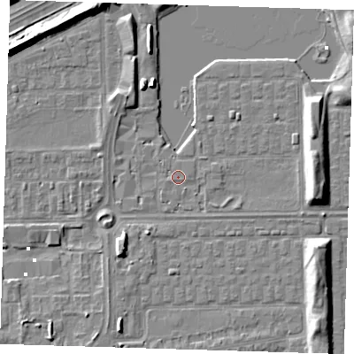 Shaded relief map of the ground around SE29AP, computed from Environment Agency LiDAR. The ground here sits at about 1 m above sea level and falls 7 m across the surrounding 800 m. Surface water reaching this point runs off ground lying to the east-north-east, 1.0 m higher.