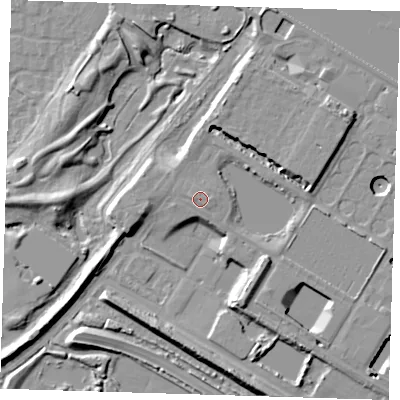 Shaded relief map of the ground around SE29AR, computed from Environment Agency LiDAR. The ground here sits at about 6 m above sea level and falls 9 m across the surrounding 800 m. Surface water reaching this point runs off ground lying to the west-north-west, 1.0 m higher.