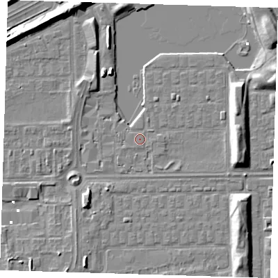 Shaded relief map of the ground around SE29AS, computed from Environment Agency LiDAR. The ground here sits at about 1 m above sea level and falls 7 m across the surrounding 800 m. Surface water reaching this point runs off ground lying to the north-east, 0.6 m higher.