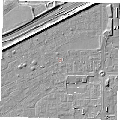 Shaded relief map of the ground around SE29AT, computed from Environment Agency LiDAR. The ground here sits at about 0 m above sea level and falls 8 m across the surrounding 800 m. Surface water reaching this point runs off ground lying to the west-north-west, 6.6 m higher.