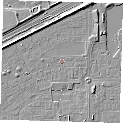 Shaded relief map of the ground around SE29AU, computed from Environment Agency LiDAR. The ground here sits at about 0 m above sea level and falls 7 m across the surrounding 800 m. Surface water reaching this point runs off ground lying to the east-south-east, 1.4 m higher.