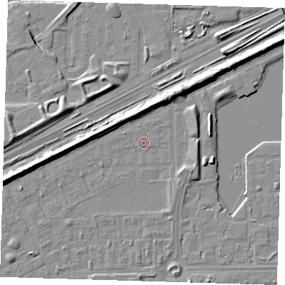 Shaded relief map of the ground around SE29AW, computed from Environment Agency LiDAR. The ground here sits at about 1 m above sea level and falls 9 m across the surrounding 800 m. Surface water reaching this point runs off ground lying to the west-north-west, 1.0 m higher.