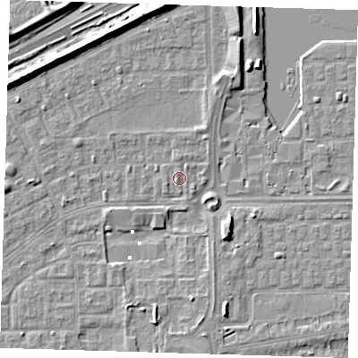 Shaded relief map of the ground around SE29AY, computed from Environment Agency LiDAR. The ground here sits at about 1 m above sea level and falls 7 m across the surrounding 800 m. Surface water reaching this point runs off ground lying to the north, 0.8 m higher.
