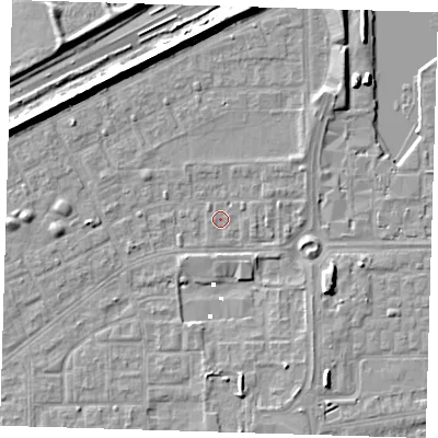 Shaded relief map of the ground around SE29AZ, computed from Environment Agency LiDAR. The ground here sits at about 0 m above sea level and falls 7 m across the surrounding 800 m. Surface water reaching this point runs off ground lying to the east-south-east, 5.0 m higher.