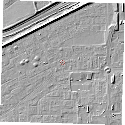 Shaded relief map of the ground around SE29BA, computed from Environment Agency LiDAR. The ground here sits at about 0 m above sea level and falls 8 m across the surrounding 800 m. Surface water reaching this point runs off ground lying to the north-north-east, 6.4 m higher.