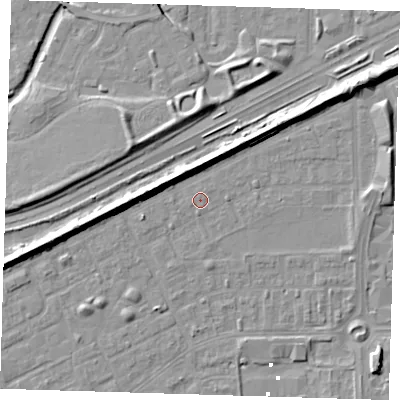 Shaded relief map of the ground around SE29BE, computed from Environment Agency LiDAR. The ground here sits at about 1 m above sea level and falls 9 m across the surrounding 800 m. Surface water reaching this point runs off ground lying to the north-north-east, 0.6 m higher.