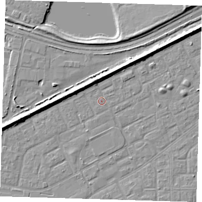 Shaded relief map of the ground around SE29BF, computed from Environment Agency LiDAR. The ground here sits at about 1 m above sea level and falls 8 m across the surrounding 800 m. Surface water reaching this point runs off ground lying to the north-north-west, 5.5 m higher.