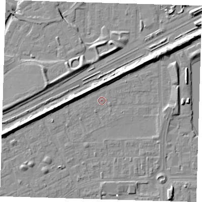 Shaded relief map of the ground around SE29BG, computed from Environment Agency LiDAR. The ground here sits at about 1 m above sea level and falls 9 m across the surrounding 800 m. The ground contributing surface water to this point lies to the south-west.