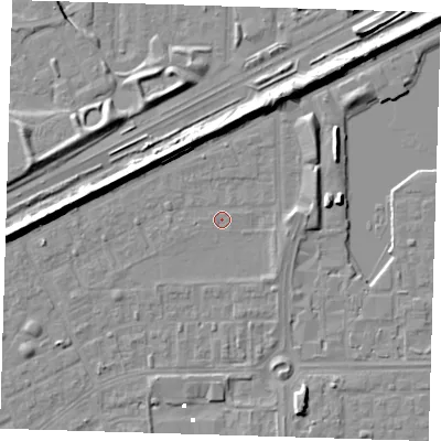 Shaded relief map of the ground around SE29BH, computed from Environment Agency LiDAR. The ground here sits at about 1 m above sea level and falls 9 m across the surrounding 800 m. Surface water reaching this point runs off ground lying to the north-north-west, 1.1 m higher.