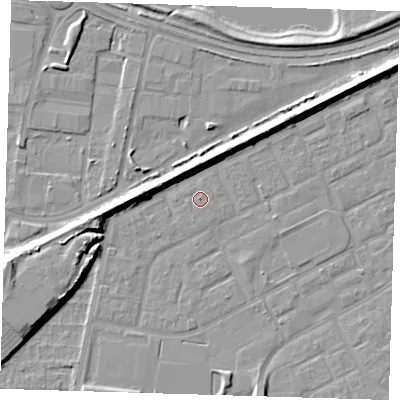 Shaded relief map of the ground around SE29BN, computed from Environment Agency LiDAR. The ground here sits at about 1 m above sea level and falls 9 m across the surrounding 800 m. The ground contributing surface water to this point lies to the east-north-east.