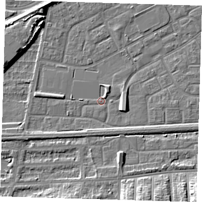 Shaded relief map of the ground around SE29BP, computed from Environment Agency LiDAR. The ground here sits at about 1 m above sea level and falls 10 m across the surrounding 800 m. Surface water reaching this point runs off ground lying to the east-south-east, 5.6 m higher.