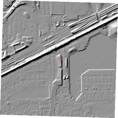 Shaded relief map of the ground around SE29BS, computed from Environment Agency LiDAR. The ground here sits at about 3 m above sea level and falls 8 m across the surrounding 800 m. Surface water reaching this point runs off ground lying to the north-north-east, 3.0 m higher.