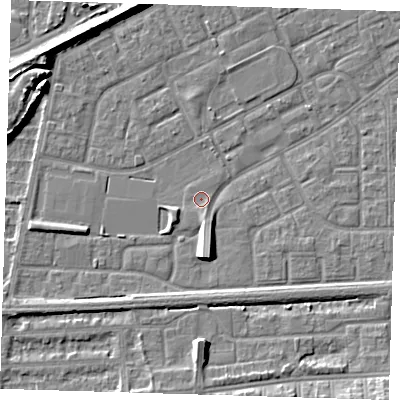 Shaded relief map of the ground around SE29BT, computed from Environment Agency LiDAR. The ground here sits at about 1 m above sea level and falls 8 m across the surrounding 800 m. Surface water reaching this point runs off ground lying to the south-south-east, 1.7 m higher.