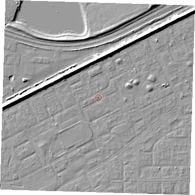 Shaded relief map of the ground around SE29BX, computed from Environment Agency LiDAR. The ground here sits at about 1 m above sea level and falls 7 m across the surrounding 800 m. Surface water reaching this point runs off ground lying to the north-north-west, 0.9 m higher.