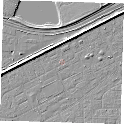 Shaded relief map of the ground around SE29BY, computed from Environment Agency LiDAR. The ground here sits at about 1 m above sea level and falls 8 m across the surrounding 800 m. Surface water reaching this point runs off ground lying to the north, 0.9 m higher.