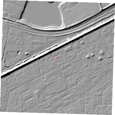 Shaded relief map of the ground around SE29BZ, computed from Environment Agency LiDAR. The ground here sits at about 1 m above sea level and falls 8 m across the surrounding 800 m. Surface water reaching this point runs off ground lying to the north-west, 5.5 m higher.