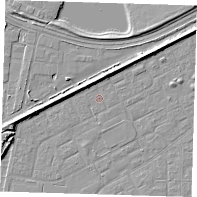 Shaded relief map of the ground around SE29DA, computed from Environment Agency LiDAR. The ground here sits at about 1 m above sea level and falls 9 m across the surrounding 800 m. Surface water reaching this point runs off ground lying to the north-west, 0.7 m higher.