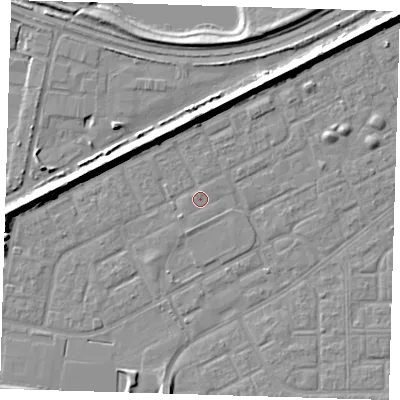 Shaded relief map of the ground around SE29DB, computed from Environment Agency LiDAR. The ground here sits at about 1 m above sea level and falls 8 m across the surrounding 800 m. Surface water reaching this point runs off ground lying to the south-south-west, 0.9 m higher.