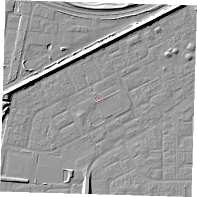 Shaded relief map of the ground around SE29DD, computed from Environment Agency LiDAR. The ground here sits at about 1 m above sea level and falls 8 m across the surrounding 800 m. Surface water reaching this point runs off ground lying to the south, 0.6 m higher.