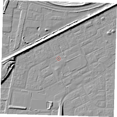 Shaded relief map of the ground around SE29DE, computed from Environment Agency LiDAR. The ground here sits at about 1 m above sea level and falls 9 m across the surrounding 800 m. Surface water reaching this point runs off ground lying to the east-north-east, 0.9 m higher.