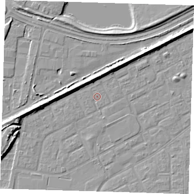 Shaded relief map of the ground around SE29DF, computed from Environment Agency LiDAR. The ground here sits at about 1 m above sea level and falls 9 m across the surrounding 800 m. Surface water reaching this point runs off ground lying to the south, 0.7 m higher.
