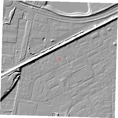 Shaded relief map of the ground around SE29DG, computed from Environment Agency LiDAR. The ground here sits at about 1 m above sea level and falls 9 m across the surrounding 800 m. Surface water reaching this point runs off ground lying to the north, 5.8 m higher.