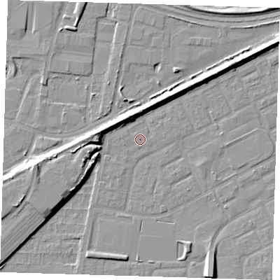 Shaded relief map of the ground around SE29DH, computed from Environment Agency LiDAR. The ground here sits at about 1 m above sea level and falls 8 m across the surrounding 800 m. The ground contributing surface water to this point lies to the north-west.