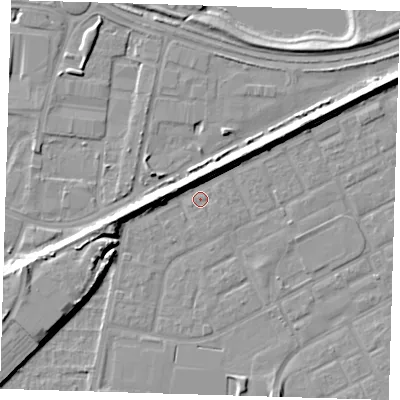 Shaded relief map of the ground around SE29DJ, computed from Environment Agency LiDAR. The ground here sits at about 1 m above sea level and falls 9 m across the surrounding 800 m. Surface water reaching this point runs off ground lying to the west-north-west, 6.4 m higher.