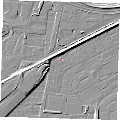 Shaded relief map of the ground around SE29DL, computed from Environment Agency LiDAR. The ground here sits at about 1 m above sea level and falls 9 m across the surrounding 800 m. Surface water reaching this point runs off ground lying to the west-north-west, 5.8 m higher.