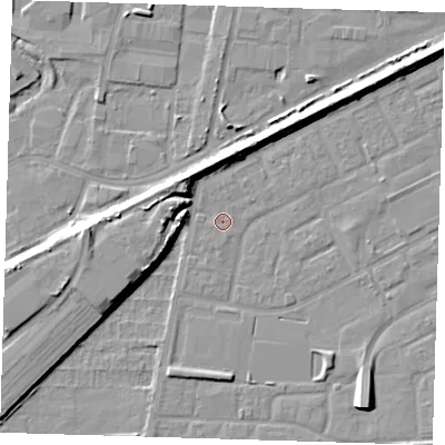 Shaded relief map of the ground around SE29DN, computed from Environment Agency LiDAR. The ground here sits at about 1 m above sea level and falls 8 m across the surrounding 800 m. Surface water reaching this point runs off ground lying to the west, 7.4 m higher.