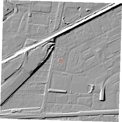 Shaded relief map of the ground around SE29DP, computed from Environment Agency LiDAR. The ground here sits at about 1 m above sea level and falls 8 m across the surrounding 800 m. Surface water reaching this point runs off ground lying to the north-north-east, 0.6 m higher.