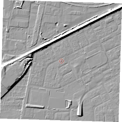 Shaded relief map of the ground around SE29DQ, computed from Environment Agency LiDAR. The ground here sits at about 1 m above sea level and falls 8 m across the surrounding 800 m. Surface water reaching this point runs off ground lying to the north-north-west, 6.4 m higher.